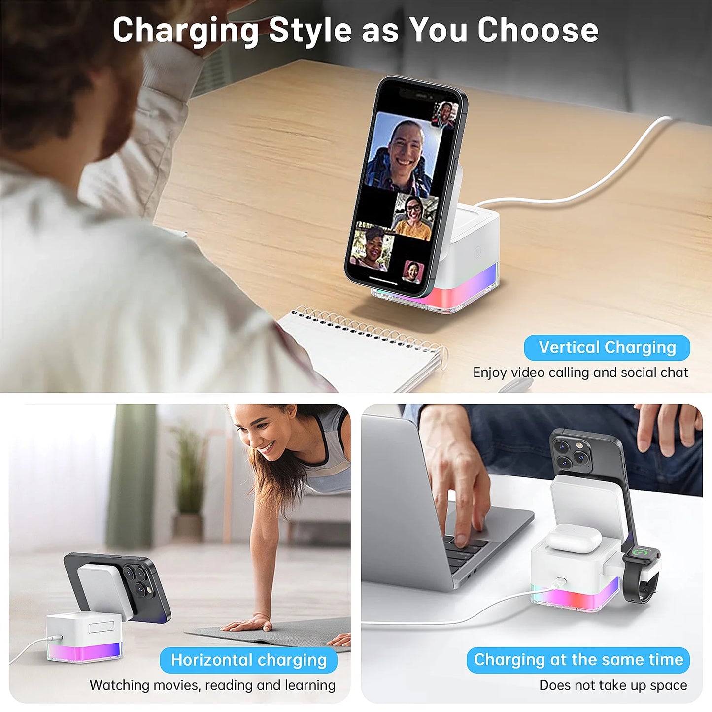 Wireless Iphone Charging Station, 3 in 1 Wireless Charger Stand for Multiple Iphone Devices, Wireless Charger for Iphone 16/15/14/13/12/Pro/Pro Max, Iwatch 10/SE/9/8/7/6/5/4/3/2, Airpods 2/3