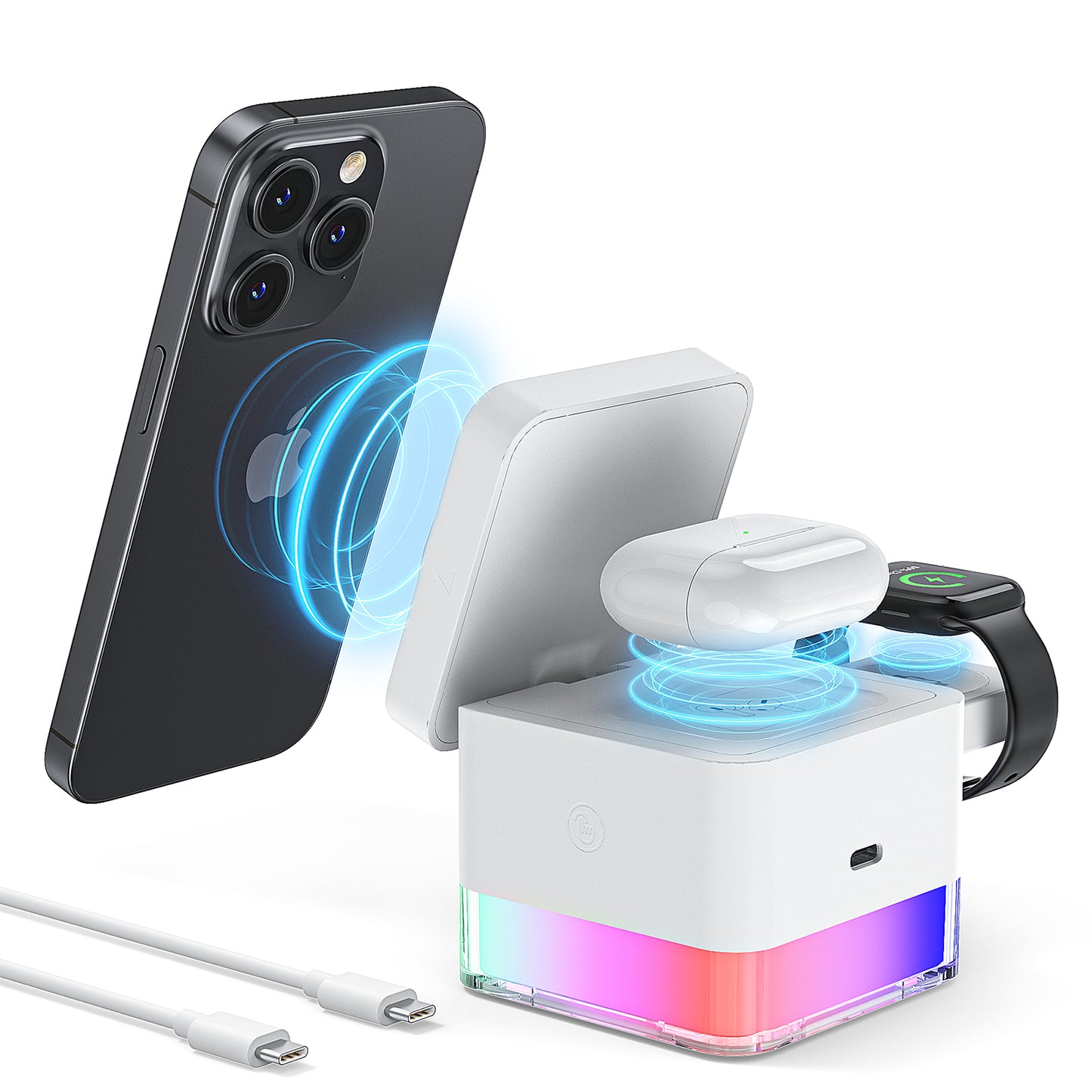Wireless Iphone Charging Station, 3 in 1 Wireless Charger Stand for Multiple Iphone Devices, Wireless Charger for Iphone 16/15/14/13/12/Pro/Pro Max, Iwatch 10/SE/9/8/7/6/5/4/3/2, Airpods 2/3