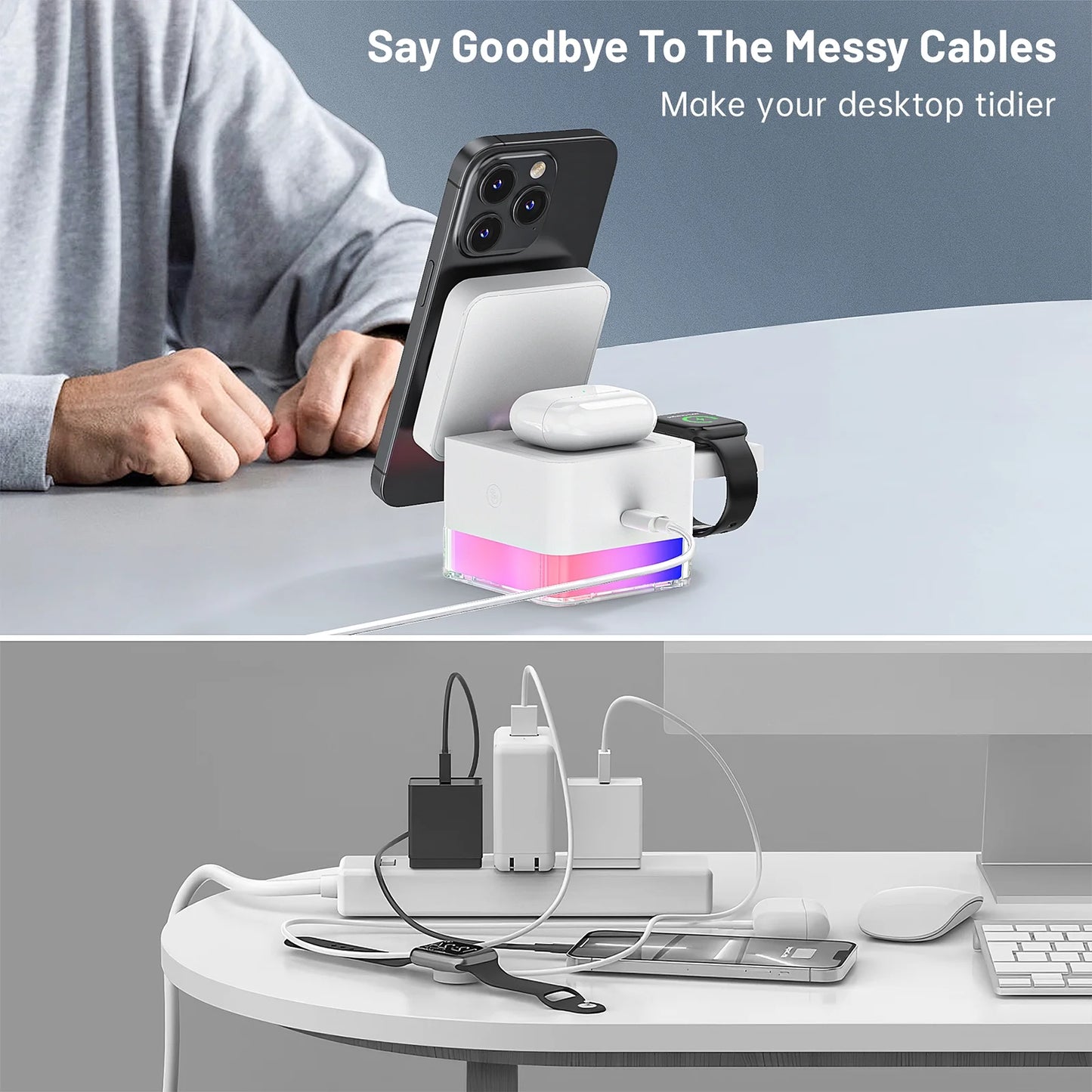 Wireless Iphone Charging Station, 3 in 1 Wireless Charger Stand for Multiple Iphone Devices, Wireless Charger for Iphone 16/15/14/13/12/Pro/Pro Max, Iwatch 10/SE/9/8/7/6/5/4/3/2, Airpods 2/3